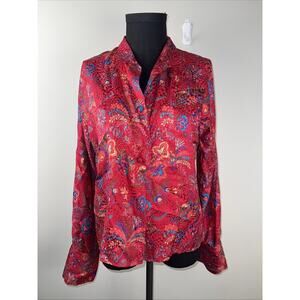 Anne Klein 100 % Silk Blouse Red Floral 80’s Sz 10 Button Up Long Sleeve